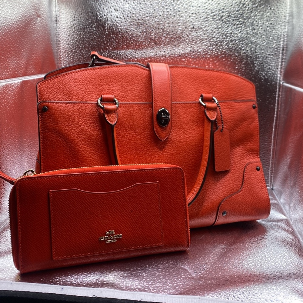 Coach orange leather wallet AND handbag